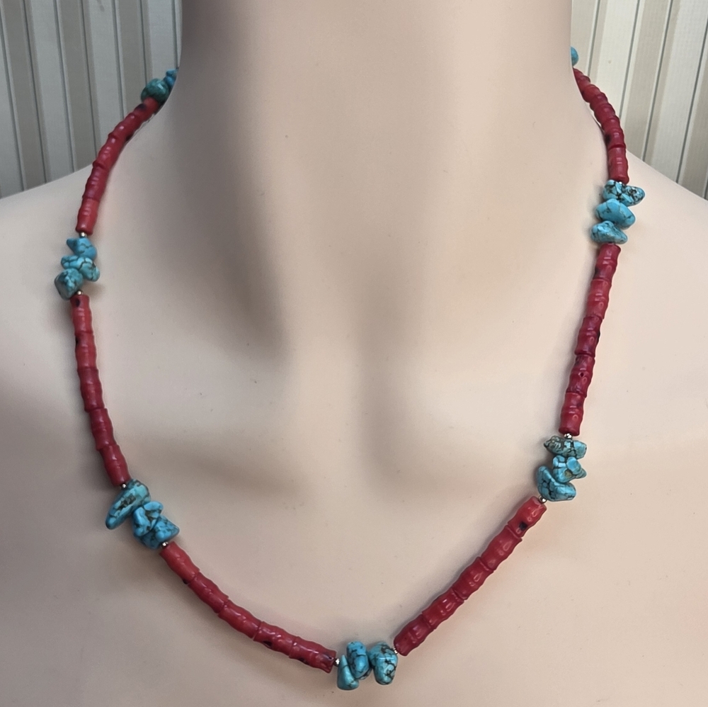 Red Coral Style & Turquoise Boho Southwest Necklace